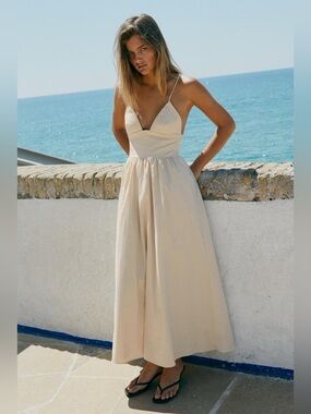 ZARA Nude Lined Cotton Poplin Midi Dress